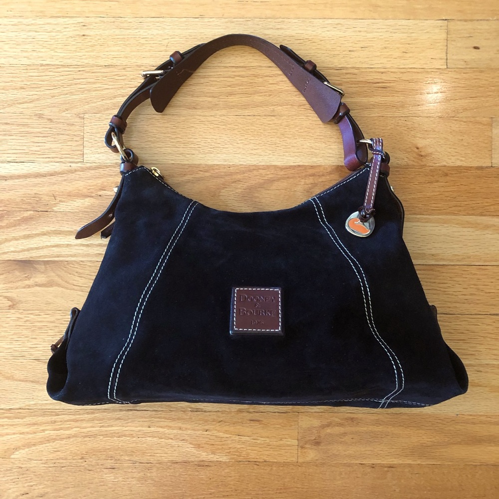 Dooney and Bourke Black Suede Handbag with Brown Leather Strap.
